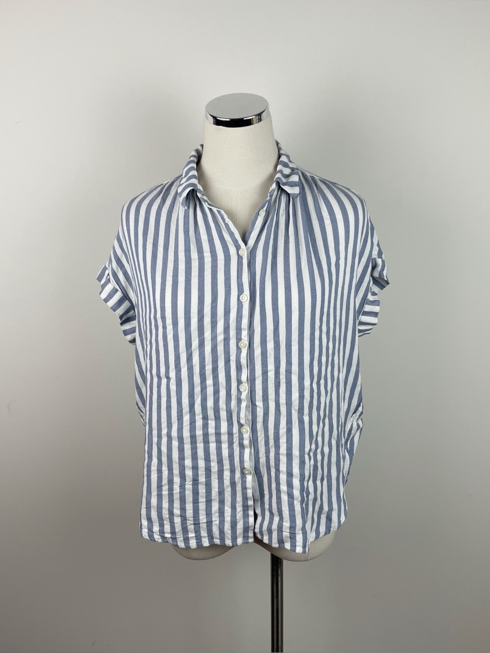Madewell Blue White Stripe Collared Short Sleeve Button Down Top Shirt Women